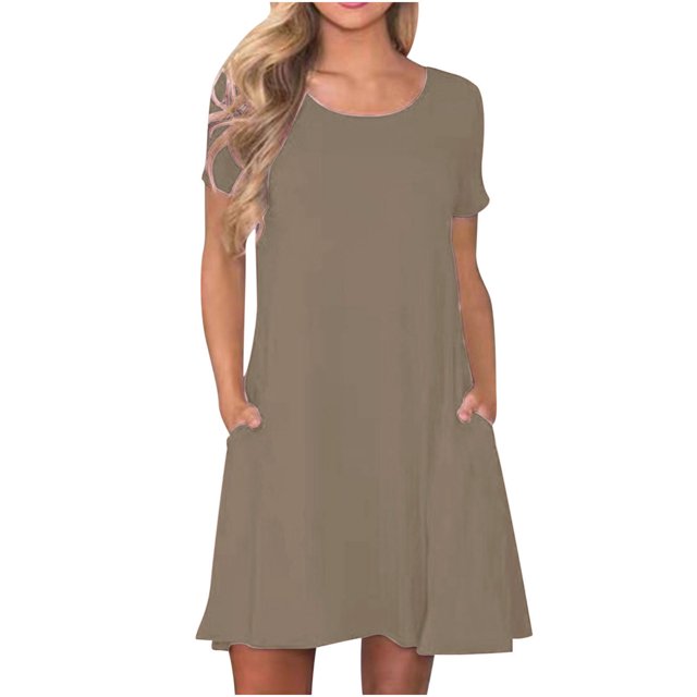Ovzne Robes Grande Taille pour Femmes aux Formes Robe Femme Mode Femme Été Décontractée Col Rond Manches Courtes Robe Mini Unie Robe Grande Taille Manches Courtes Liquidation