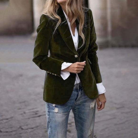 Mceream Women Corduroy Blazer Jacket Casual One Button Long Sleeve Slim Fit Suit Coat Fall Winter Work Office Outwear Plus Size Abrigo De Invierno Para Mujer Army Green L
