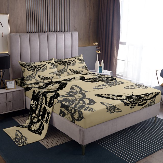 Erosebridal Teens Skeleton Sheet Set Queen, Moth Butterfly Bedding Sets Queen Size, Mandala Boho Decor 4pcs