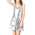 thumbnail image 2 of INSPIRE CHIC Robe pour Femme Paillettes Scintillantes Col en V Bretelles Ajustables Robe de Bal Courte Argent TP, 2 of 7