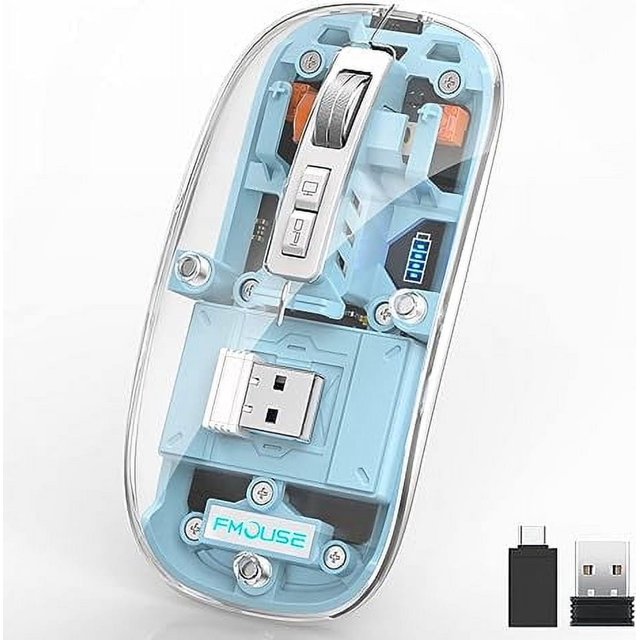 Wireless Bluetooth Mouse Tri-Mode (BT5.1+2.4GHz) USB C Rechargeable Computer Mouse Full Transparent Silent Mouse with USB Receiver & Type C Adapter for Laptop/Mac/iPad