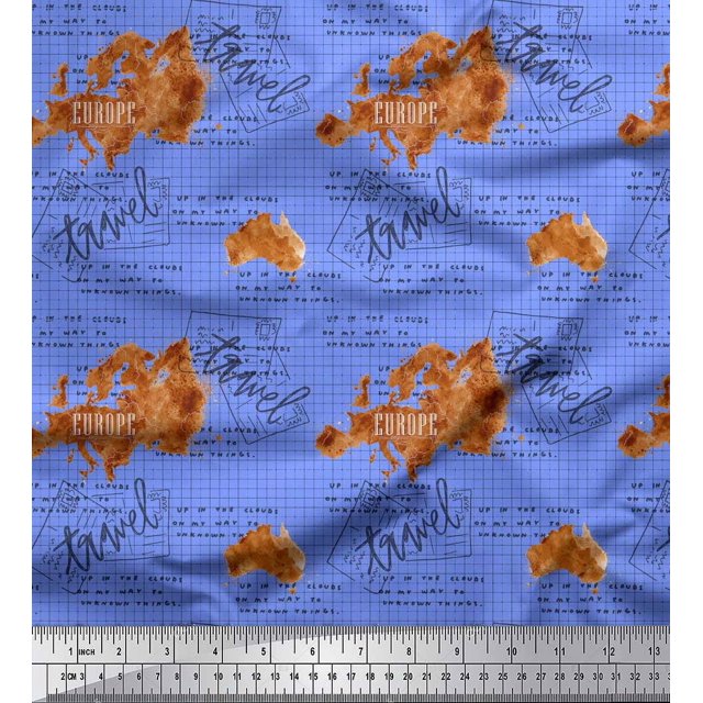 Soimoi Blue Viscose Chiffon Fabric Text & Europe Map Travel Decor Fabric Printed Yard 42 Inch Wide
