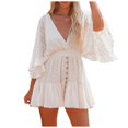 thumbnail image 1 of TJAZFJPA Robe Midi Robe Bohème pour Femme Manches Évasées Mi-Longues Décolleté en V Profond Taille Haute Dentelle Ajourée Froncée Robe de Plage Robe Rouge pour Femme Robes de Fête Boîte de Nuit pour Femme, 1 of 8