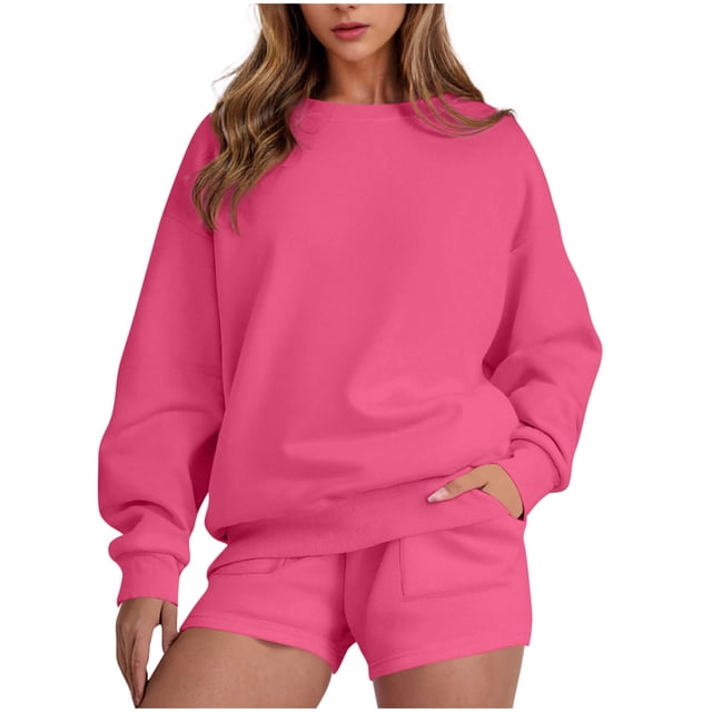 HAiming Ensemble 2 Pcs pour Femmes Chandail Col Rond Chandails en Molleton et Shorts Surdimensionnés Amples