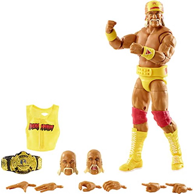 WWE Figurine Articulée Fan TakeOver Ultimate Edition Hulk Hogan, 6 Po de Hauteur, au design Multicolore avec Têtes Interchangeables, Mains Interchangeables, Chandail d'Entrée, bandana, Ceinture de Poids et Championnat WWE. Comprend 30+ points d'Articulation pour des poses Dynamiques et le Jeu, Tels Que le Torse ab-crunch, les Articulations Papillon, les Bras et Genoux Double-Articulés et les Orteils Articulés. des Accessoires Sont Présentés à Côté de la Figurine.