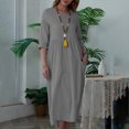 thumbnail image 2 of Mrat Longues Robes d'Été 2024 pour Femmes, Couleur Unie, Manches Trois-Quarts, Col Rond, Robe Décontractée Ample avec Poches, Robes Trapèze pour Femmes P-158 Gris TG, 2 of 7