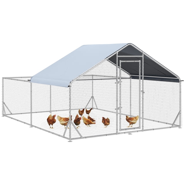 PawHut Chicken Coop en Métal, Poulailler à Entrée Piétonne avec Couvercle Anti-Ultraviolet. Ce Grand Poulailler à Entrée Piétonne Présente un Cadre en Acier Galvanisé et une Treillis en Acier Trempé pour la Durabilité et la ventilation. la structure Argentée et Grise Comprend un Auvent Résistant aux UV pour l'Ombre et la protection contre la Pluie, une Porte Verrouillable pour la Sécurité et un Vaste Espace pour 10-12 Poules. Dimensions : 157,5 Pouces de long, 118,1 Pouces de large et 76,8 Pouces de Haut. Convient