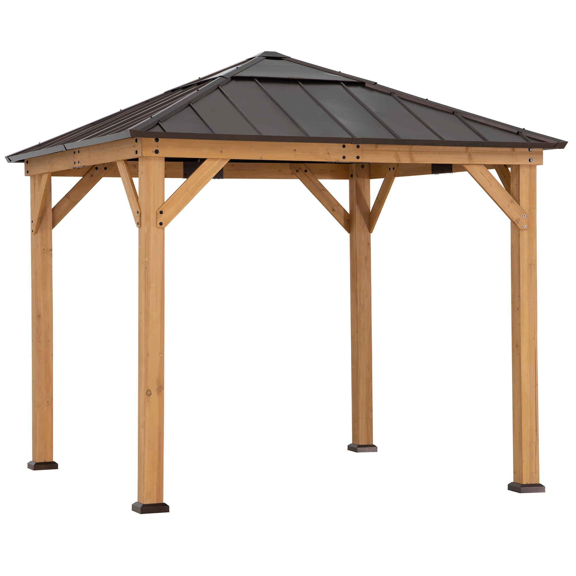 Sunjoy Outdoor Patio 9x9 ft Cedar Framed Gazebo with Brown Steel & Polycarbonate Hip Roof Hardtop