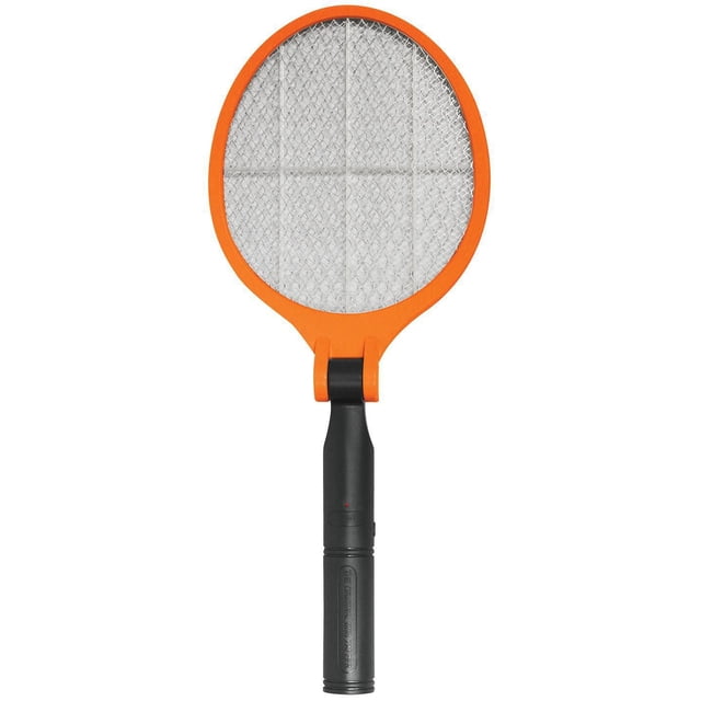 World Famous Folding Bug Zapper with orange racquet-shaped head and black handle, featuring triple-grid safety shield and red on indicator light, kills mosquitoes and flying insects with electric zap, battery operated with folding handle for compact storage.