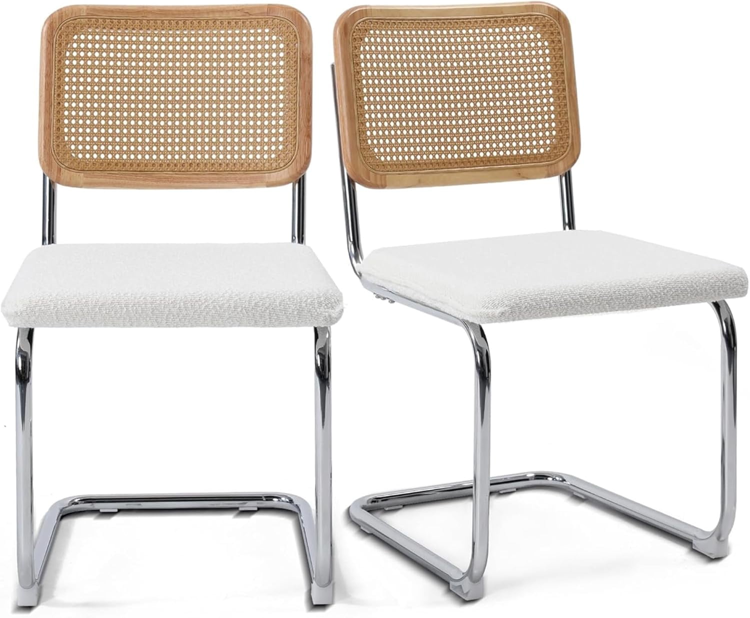 LivinVeluris Set of 2 Modern Rattan Dining Chairs, Mid-Century Dining Side Chairs, Cane Dining Chairs with Teddy Velvet, Armless Kitchen Chairs (Chrome Frame with White Cushion)