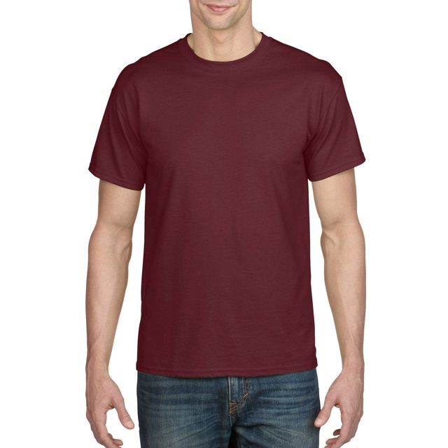 Gildan Mens DryBlend T-Shirt in 2XL size and maroon color. Made from 50% preshrunk cotton and 50% polyester, featuring DryBlend fabric for moisture-wicking, double-needle stitching, a seamless collar, heat transfer label, and taped shoulder-to-shoulder design. Ideal for casual wear.