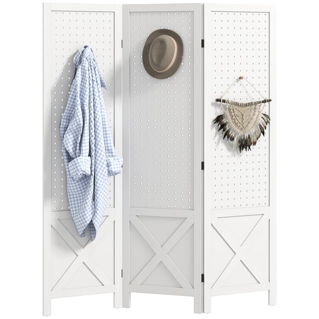 HOMCOM 56.9" 3 Panel Room Divider with Pegboard Display for Indoor White