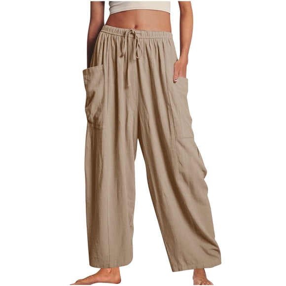 Mrat Women's Paper Bag Waist Pants Women Casual Pant Loose Comfy Drawstring Wide Leg Crop Trousers with Pockets Womens Pants Casual Pants S-349 Khaki 3XL