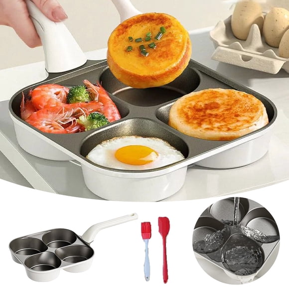 Versatile 4-Cavity Nonstick Omelet Skillet Wooden Handle 34cm Overall Length for Preparing Eggs Pancakes Portions Coating Effortless