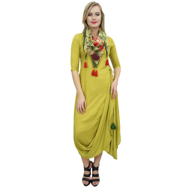 Bimba Robe Maxi à Drapé pour Femme Vert Olive Clair avec Foulard à Franges-8