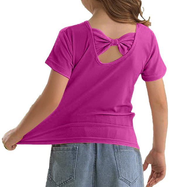 Girls Bow Back T Shirts Kids Ribbed Crew Neck Short Sleeve Tops Summer Trendy Tees