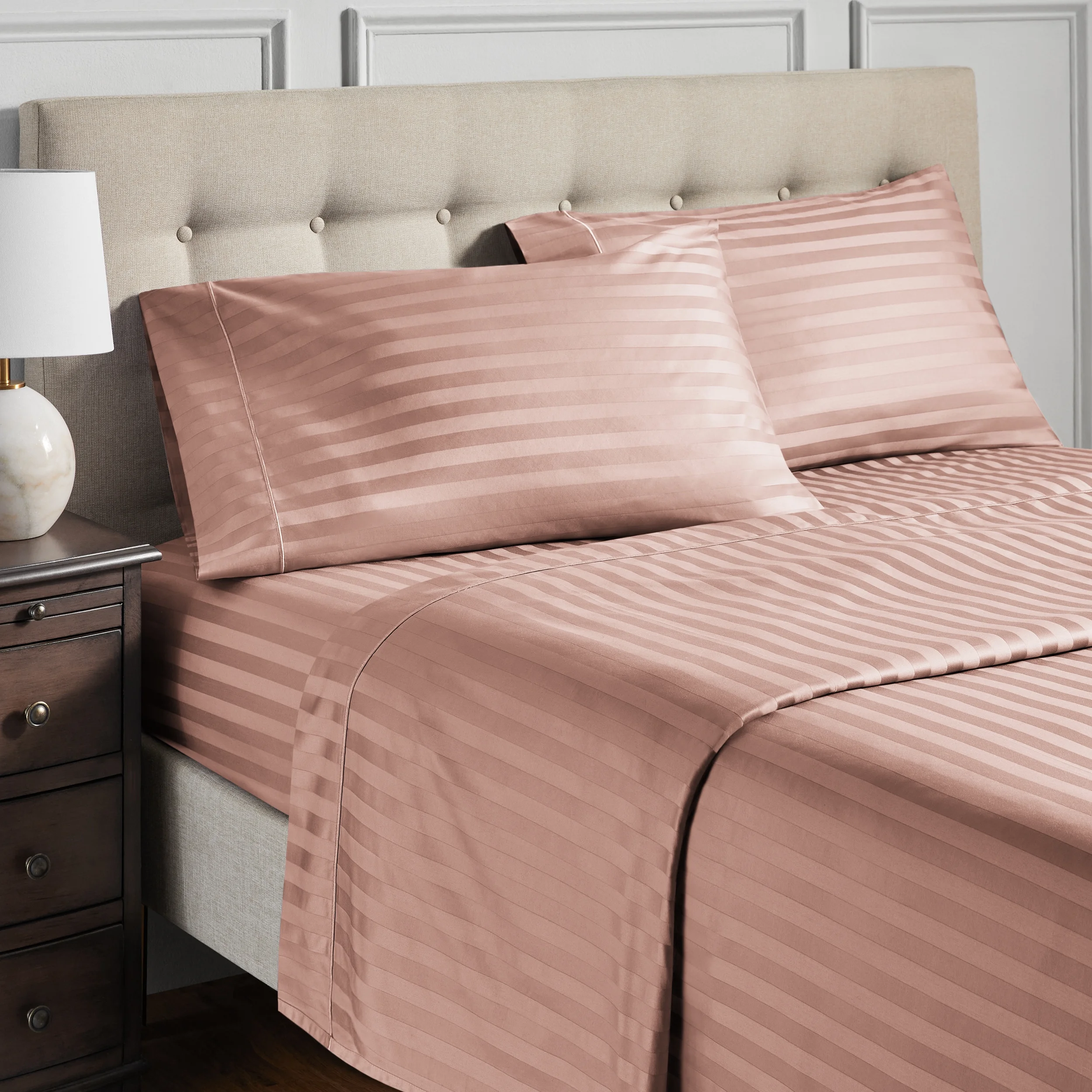 Ensemble de draps pour lit adulte en coton égyptien rose rayures 600 contexture, 4 pièces, hotel style, grand lit - Poche profonde