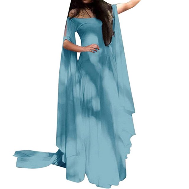 Yuyuzo Robe Maxi Médiévale pour Femmes Grande Taille Renaissance Vintage à Manches Évasées à Encolure Dégagée Robe de Couleur Unie