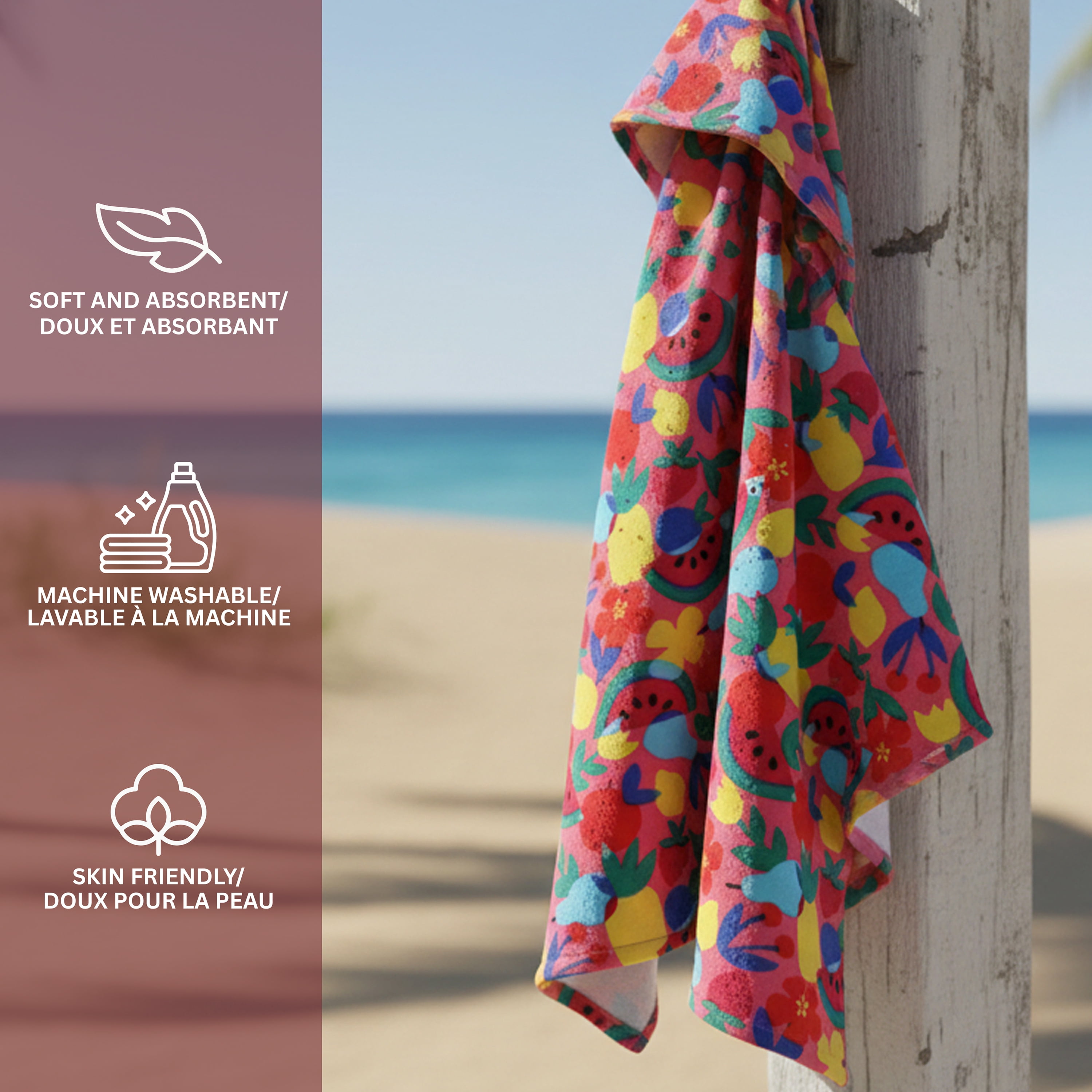 Serviette de plage à capuche Mainstays, motif floral, 1 pièce, 24 po x 48 po, 325 g/m²