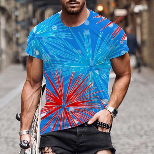 LSLJS Men's Patriotic Shirts Independence Day Stripes Print T-Shirts Round Neck Short Sleeve Shirts