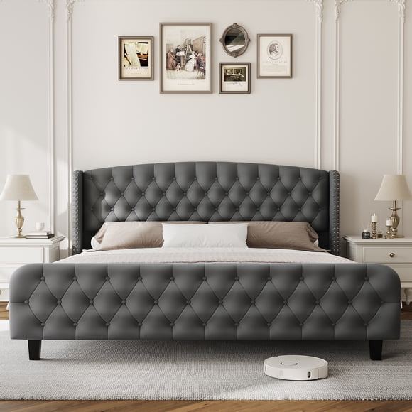 Queen Bed Frame, Velvet Upholstered Platform Bed Frame with Button Tufted and Nail head Trim Wingback Headboard, Sturdy Wood Slats Support Bed Frame, No Box Spring Needed