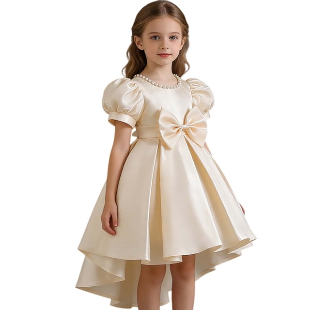 HXWCHs Robe Brodée Élégante en Satin Dos Nu Robe de Concours pour Filles Performance sur Scène et Beige 5-6 Ans