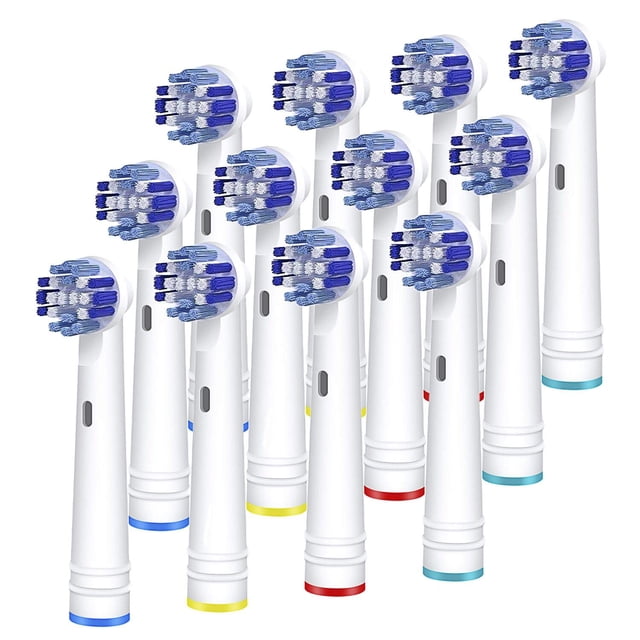 Replacement Toothbrush Heads, Compatible with Oral B Braun, 12 Count. A set of 12 white toothbrush heads with contoured bristle patterns and colour-coded rings for easy identification. Designed to fit most Oral B toothbrush models, these high-quality generic heads feature indicator bristles that fade to signal replacement time. Ideal for cleaning between teeth and preventing cavities and gingivitis.