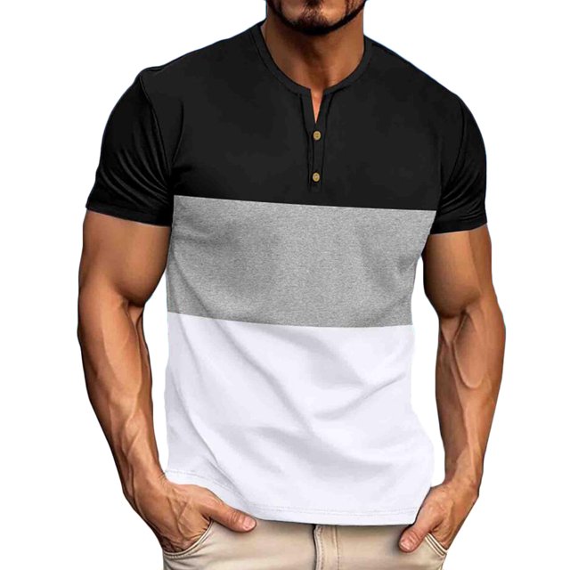 Men's Color Block Short Sleeve T-Shirt Henley Neck Slim Fit Tee Shirts Black S
