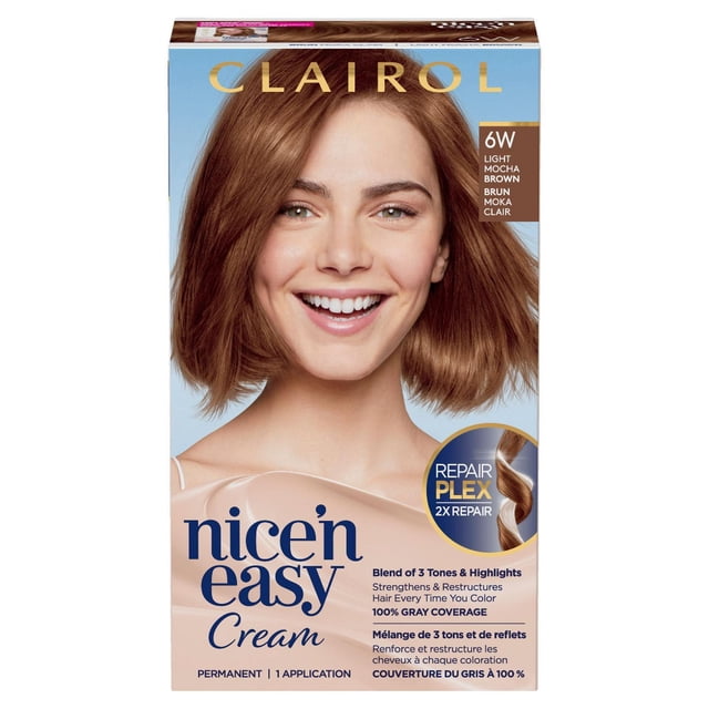 Clairol Nice'n Easy Permanent Hair Dye in 6W Light Mocha Brown cream formula, blending 3 tones and highlights for natural-looking color with 100% gray coverage. Features Repair Plex technology for 2x hair repair, strengthening and restructuring hair with one application.