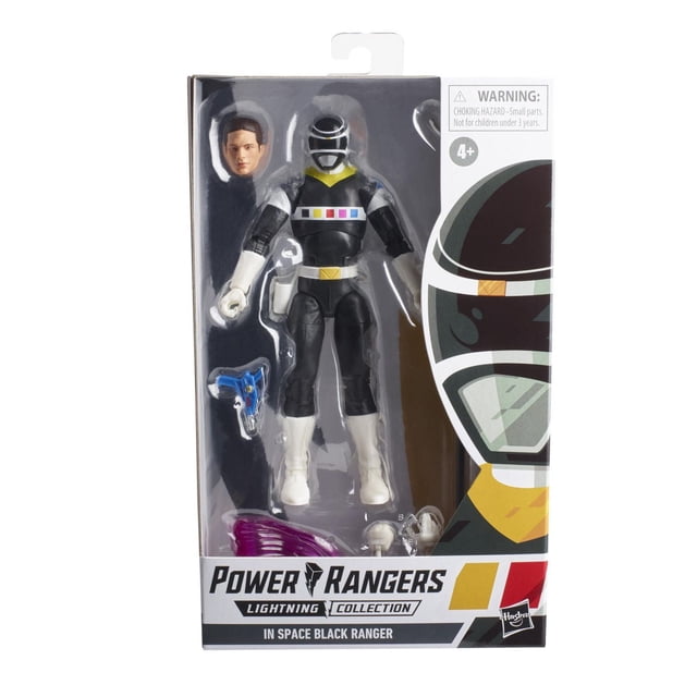Power Rangers Lightning Collection In Space Black Ranger 6-inch collectible action figure in packaging featuring the Black Ranger with white boots and gloves, multicolor chest emblem, swappable heads including one without helmet, and accessories including blue Astro Blaster, Lunar Lance, blast effect piece, and extra hands, with Power Rangers and Hasbro branding.
