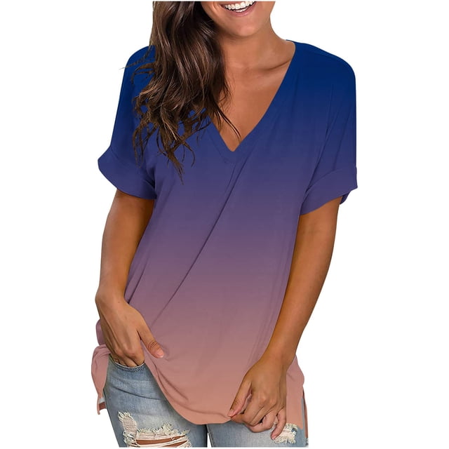 HWRETIE T-Shirt Dégradé pour Femmes à Manches Courtes, Col Rond, Coupe Ample, Haut Décontracté, Blouse d'Été