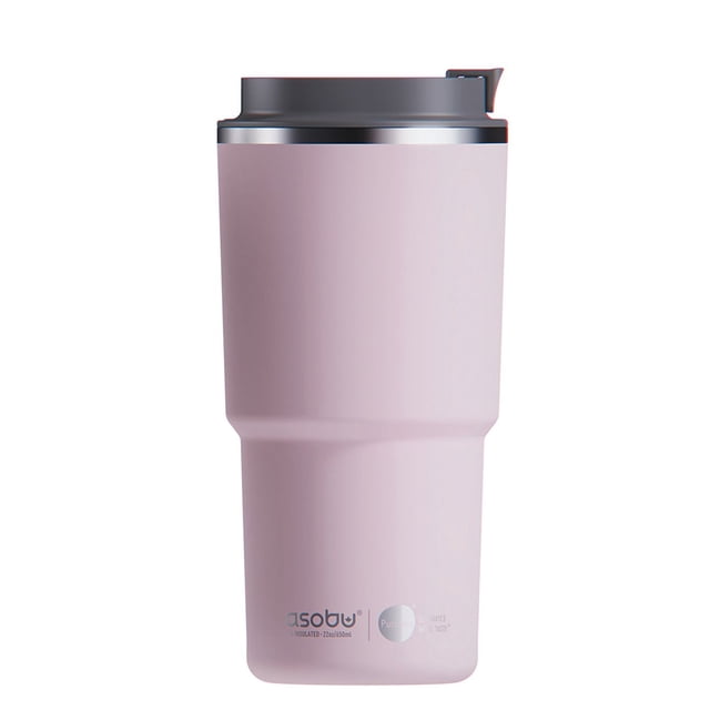 Asobu Pick Me Up Tumbler in soft pink with a black screw-on, pop-open lid, double-walled vacuum-insulated stainless steel body featuring a ceramic lining to preserve coffee taste, 20 oz capacity, fits standard cup holders and prevents spills during travel.