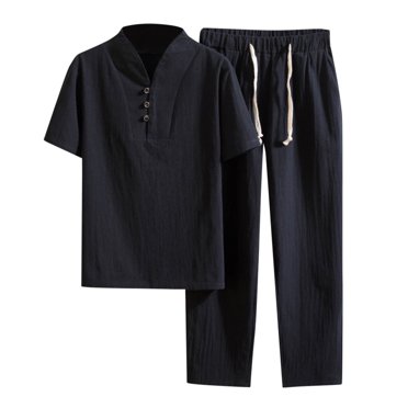 FhsagQ Pajamas Mens Pajamas Sleepwear Mens Spring and Summer Solid Color Casual V Neck Short Sleeved T Shirt Elastic Waist Lace up Pant Suit Two Piece Set Mens Pajamas Sleepwear Polyester Black L