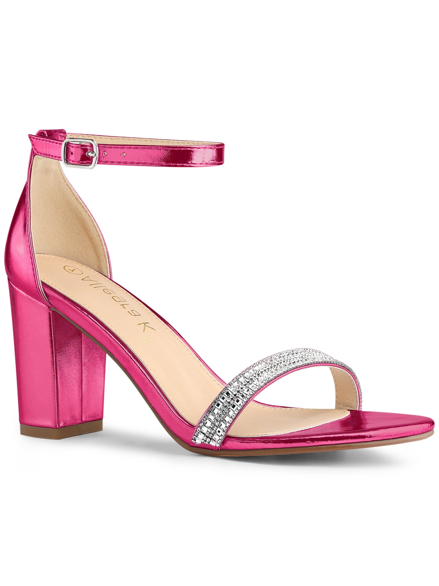 BLISSFUL STEP Women's Sandals Rhinestone Chunky Heel Ankle Strap Open Toe Party Shoes Hot Pink 5.5