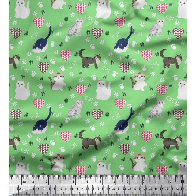Soimoi Poly Georgette Fabric Heart,Footprint & Cat Animal Decor Fabric Printed Yard 52 Inch Wide