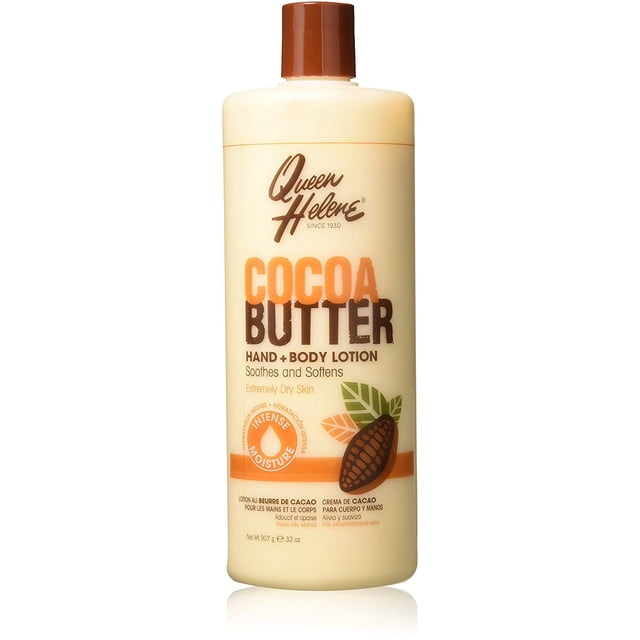 QUEEN H COCOA BUTTER hand and body lotion in a 32-ounce beige bottle with brown cap, formulated to soothe and soften extremely dry skin with intense moisture, often used for daily hydration of hands and body.