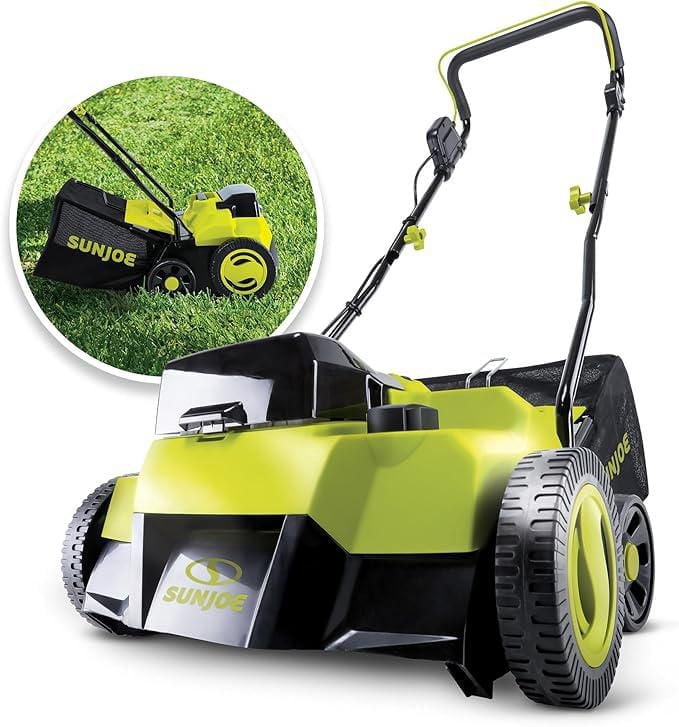 Sun Joe 24V-X2-DTS15 Scarificateur sans fil 24 Volts* + Détacheur | 5 positions de profondeur | 14 po | Moteur sans balais | avec 2 x batteries 4,0-Ah + chargeur