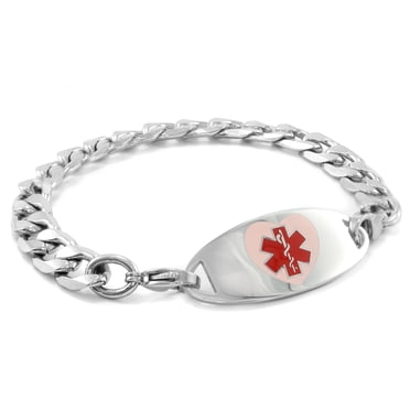 MedicEngraved Bracelet à Maillons Gourmette 9 mm en Acier Inoxydable 316L Chirurgical avec Étiquette Médicale en Émail - Gravure Médicale Incluse