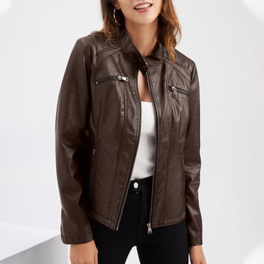 EGNMCR Manteau et Vestes en Similicuir à Manches Longues Sans Capuche pour Femme Veste en Cuir Décontractée avec Col Montant Veste Ajustée Couleur Unie pour Femme Manteau pour Femme