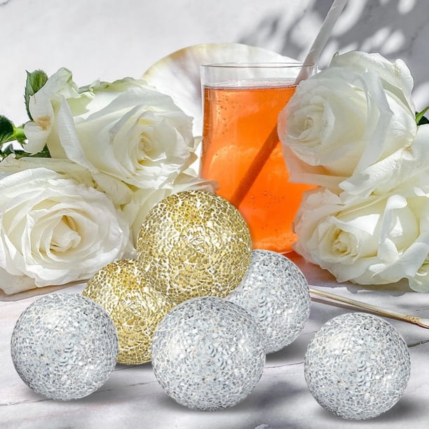 Folmywy Ensemble de 3 boules décoratives 8,5 cm en verre mosaïque argenté pour mariage moderne, bols de fête, vases de centre de table, garniture pour table basse | Decorative Glass Orbs for