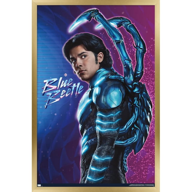 DC Comics Movie Blue Beetle - Jaime Reyes Wall Poster, 22.375" x 34", depicting Blue Beetle in a blue and black armored suit with glowing cyan accents and mechanical beetle limbs extending from the back, shown in profile against a purple and blue gradient background with the Blue Beetle logo, ideal for home or office wall decoration.