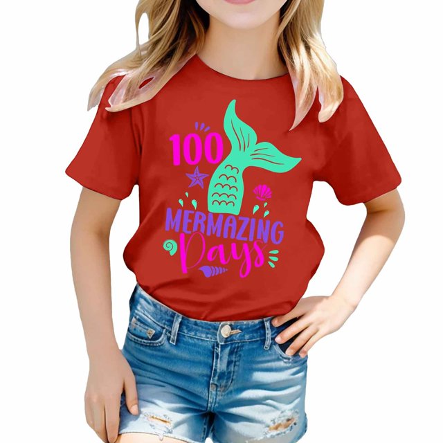 PMVFHDE Jolis Hauts d'Été T-Shirts pour Fille Graphiques Hauts Tendance Fille T-Shirts Jolis T-Shirts Chemises pour Fille T-Shirt Imprimé à Col Rond à Manches Courtes pour Garçons et Filles Rouge, 3-4 Ans