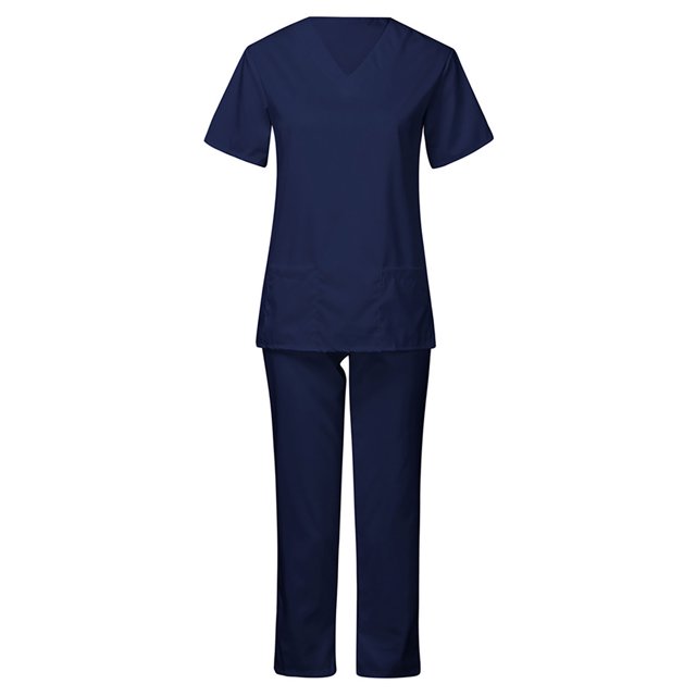 Penkiiy Women's Short Sleeve V-Neck Scrub Set, Navy, L