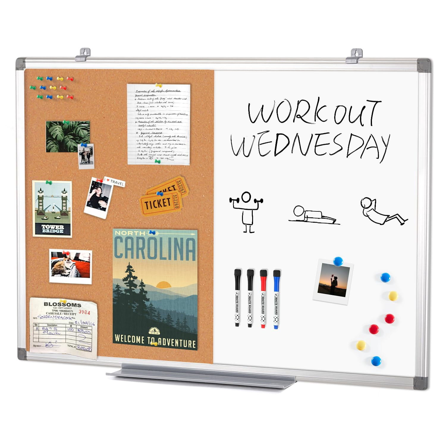 S SWANCROWN Half Corkboard and Magnetic Whiteboard Combo Dry Erase Bulletin Board for Retail School,Office,Family,Aluminium Frame,36x24 Inches