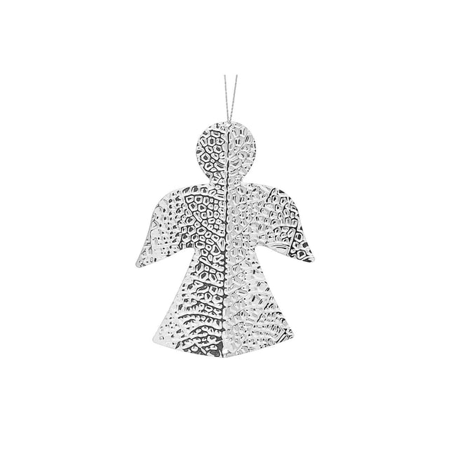 Christmas Hammered Metal Ornament Angel - Set of 12, silver angel-shaped metal ornament with hammered texture and hanging loop, measuring 3.15 by 4.15 inches, ideal for Christmas tree or wall decoration.
