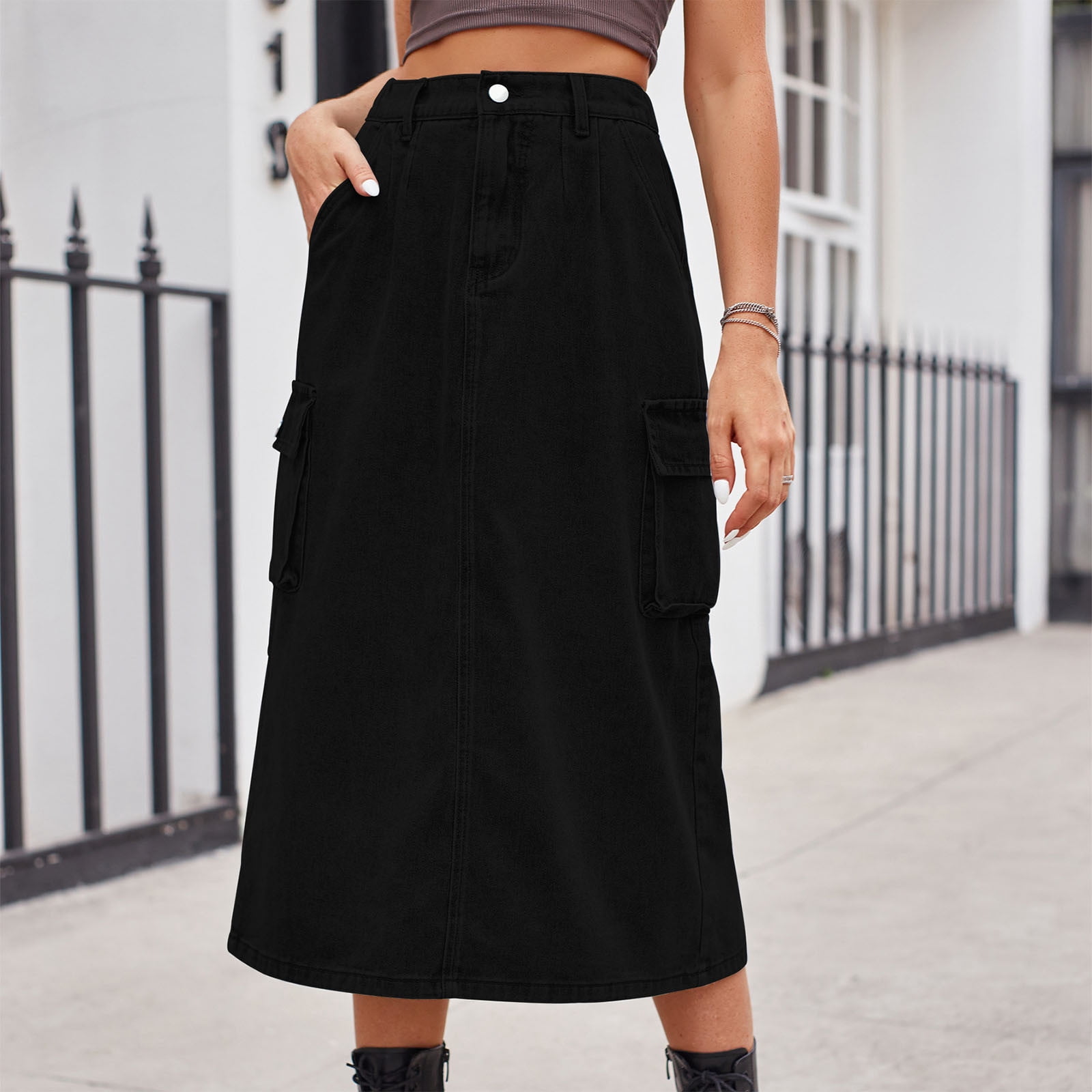 Mefallenssiah Robe en Denim Printemps et Été pour Femmes Jupe à Poches Jupe Mi-Longue Décontractée