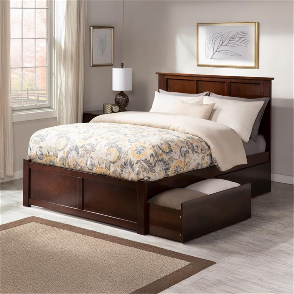 Madison Lit Plateforme Complet en Bois avec Pied de Lit et Tiroirs de Rangement en Noyer