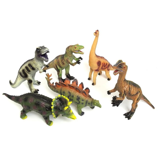 Soft Dino six-piece set of large, hand-painted dinosaur figurines including Tyrannosaurus Rex, Velociraptor, Brachiosaurus, Triceratops, Stegosaurus, and Dilophosaurus, with iridescent colors and detailed textures, arranged on a white background, ideal for imaginative play.