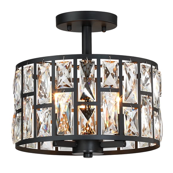 MEXO Farmhouse Crystal Round Semi Flush Mount Close to Ceiling Light Fixture, Drum Shade 3LT Ceiling Lamp for Kitchen Island Dinning Room Bedroom, Ha