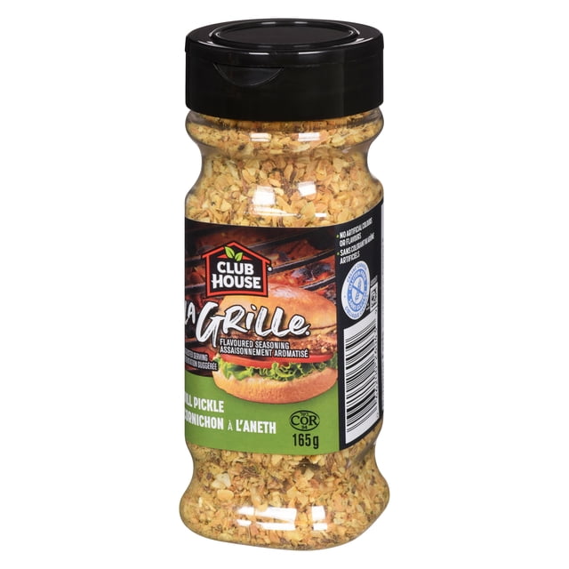 Club House La Grille Dill Pickle Seasoning in a 165g clear plastic bottle with black flip-top lid, showing a coarse blend of herbs and spices. The label features a grilled sandwich image and bilingual text highlighting its zesty dill pickle flavor and no artificial colors or flavors. Suitable for adding savory zest to various dishes.